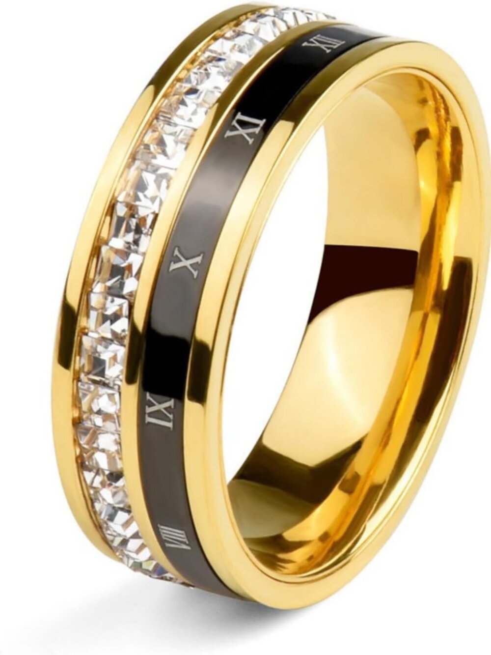 Men's 18K Gold Plated Roman Numeral Pinky Ring, CZ Spinner, Size 5-13